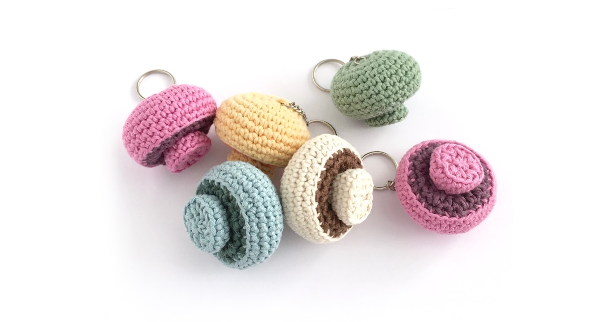 Crocheted mushroom key rings in organic cotton
