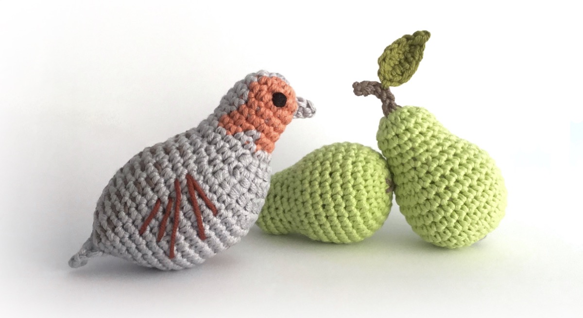 Crocheted Grey Partridge and Pears