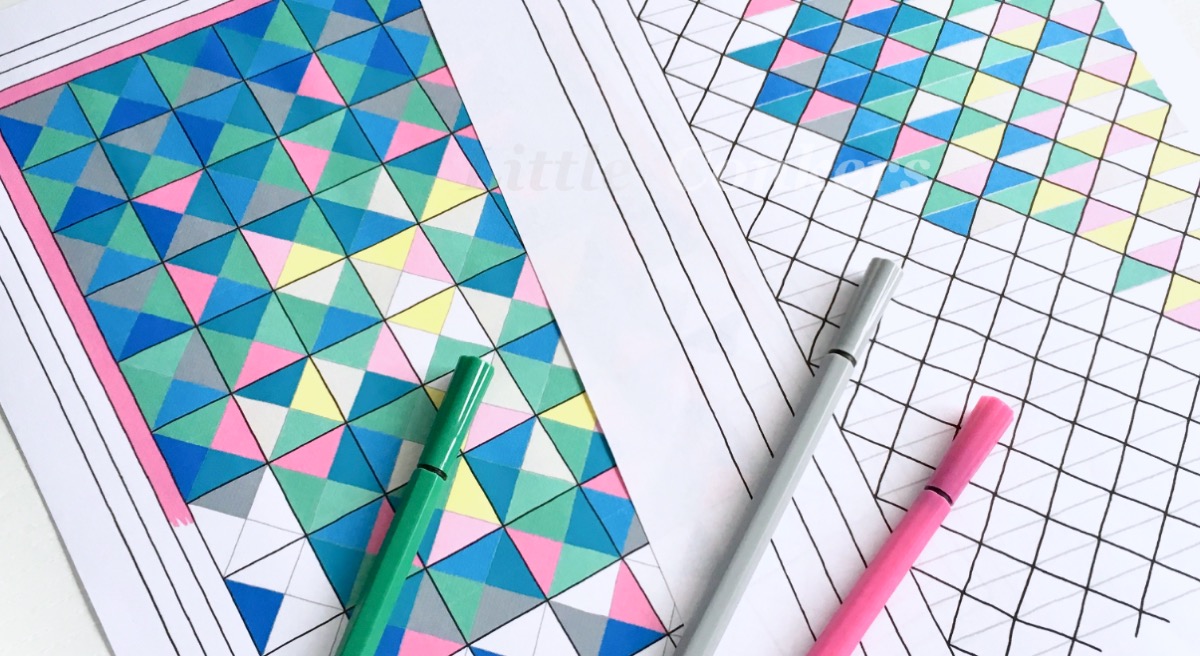 Crochet design colouring pages being used to design a half-square ombre colour layout