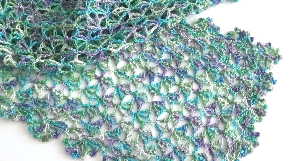 Lacy Crochet Scarf in Purple, Blue and Green