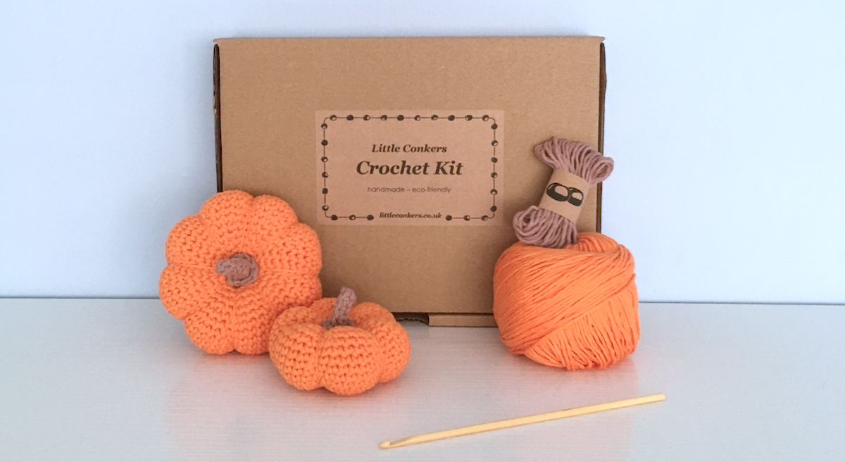 Boxed crochet kit for two pumpkins
