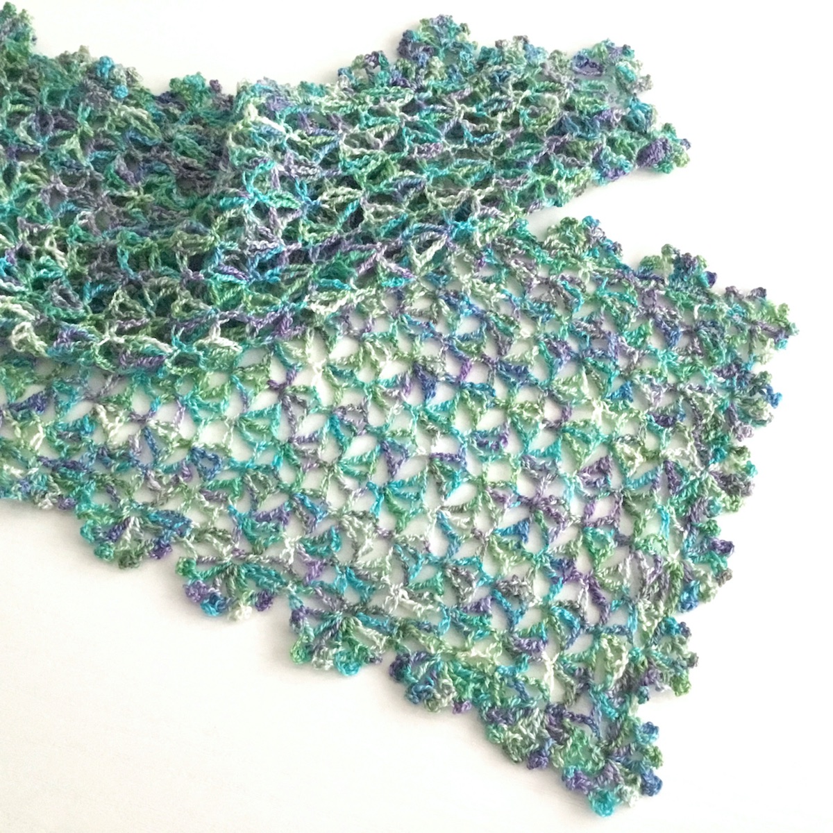 Lacy Crochet Scarf in Purple, Blue and Green
