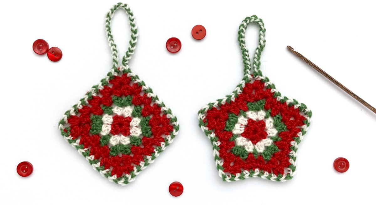 Crocheted ornaments in the granny crochet style in red, green and white yarn